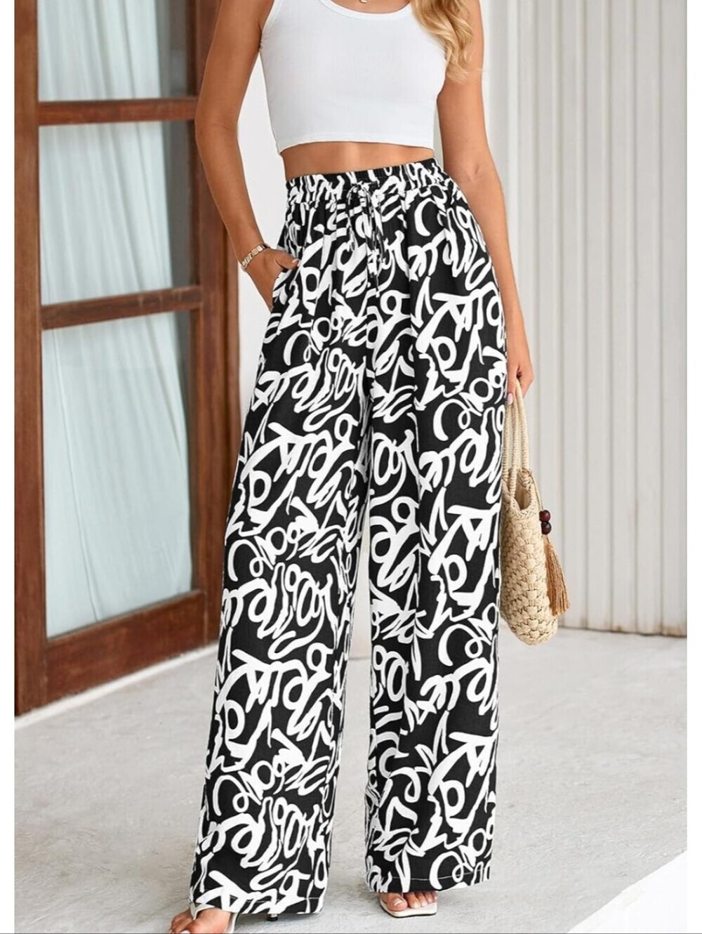 High-Waist Wide Leg Script Print Pants - Black/White